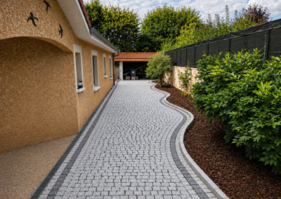 Allee en paves granit avec bordures paysageres