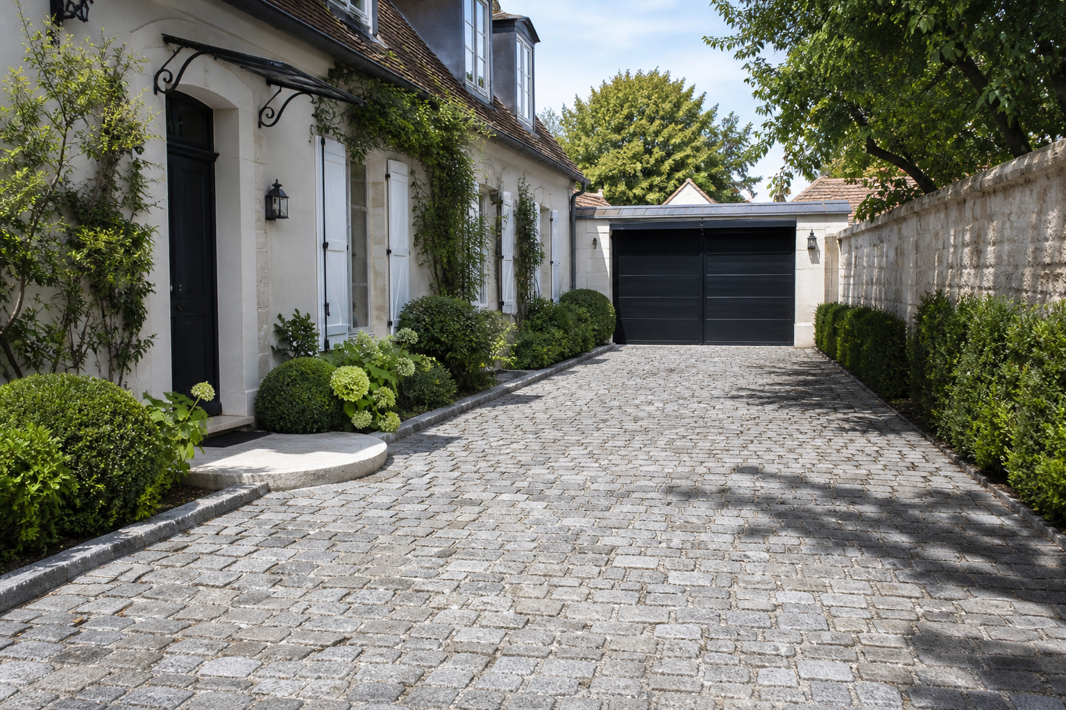 Allée carrossable en pavés granit naturels devant une maison avec accès garage