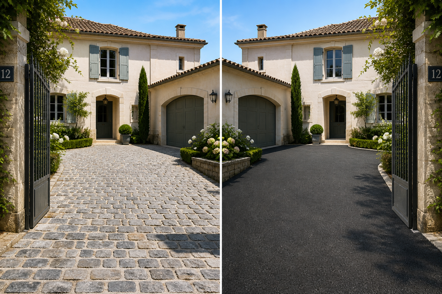 Entrée de maison en pavés granit carrossables ou enrobé