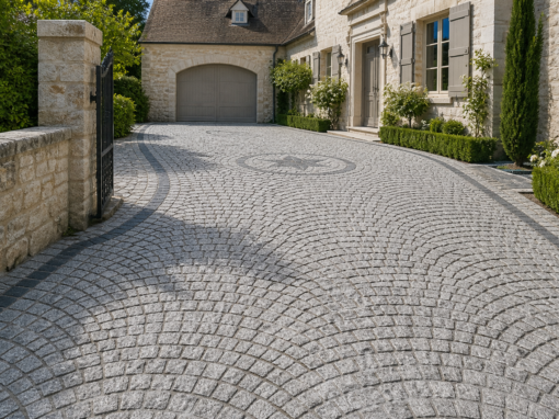Motifs de pose pour pavés granit : droits, arcs, éventails et rosaces