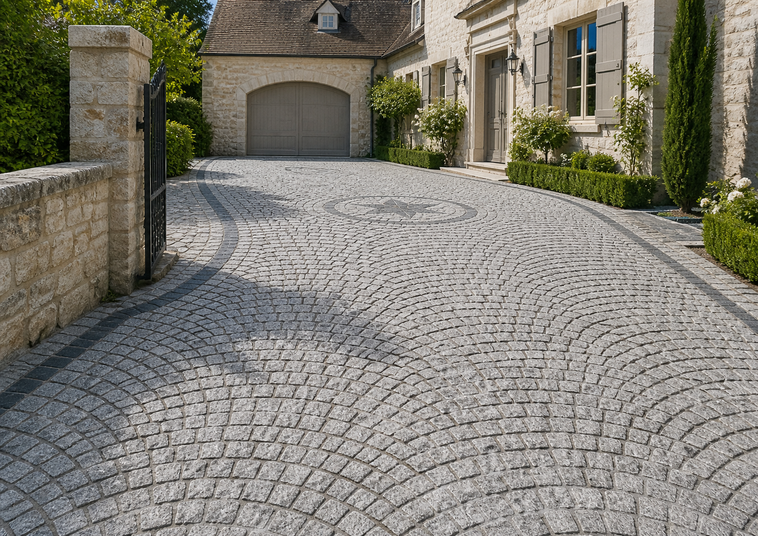 Motif en arc avec pavés granit dans une cour