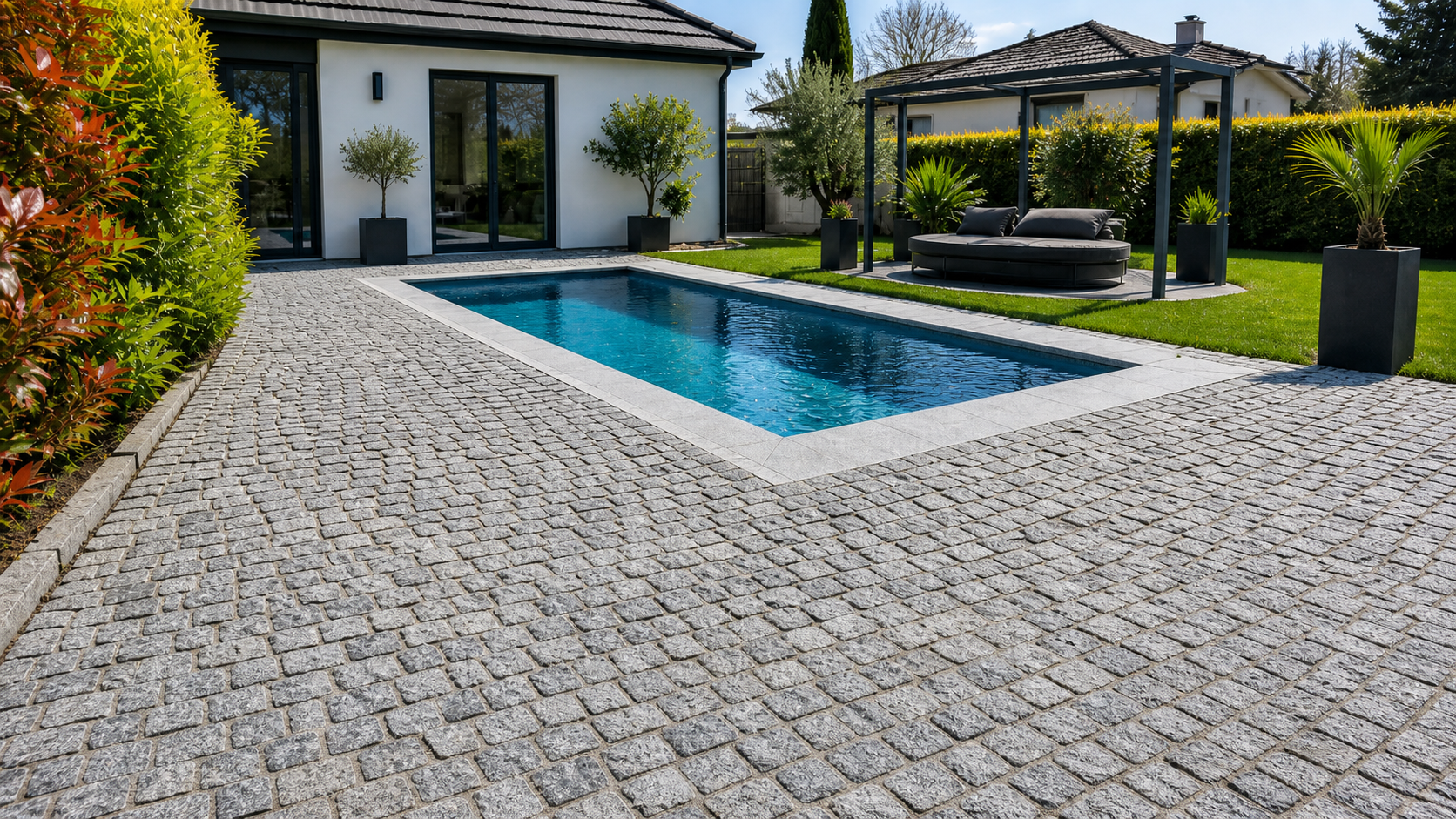 Pavés granit autour d’une piscine dans un jardin